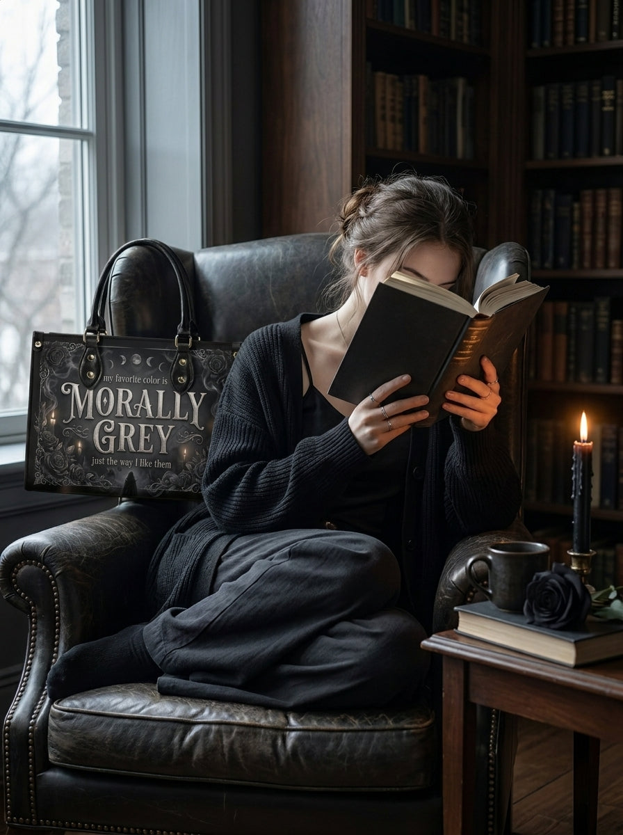 "Loyal To The Wrong Crown" Morally Grey Leather Handbag - 03-inuse-armchair