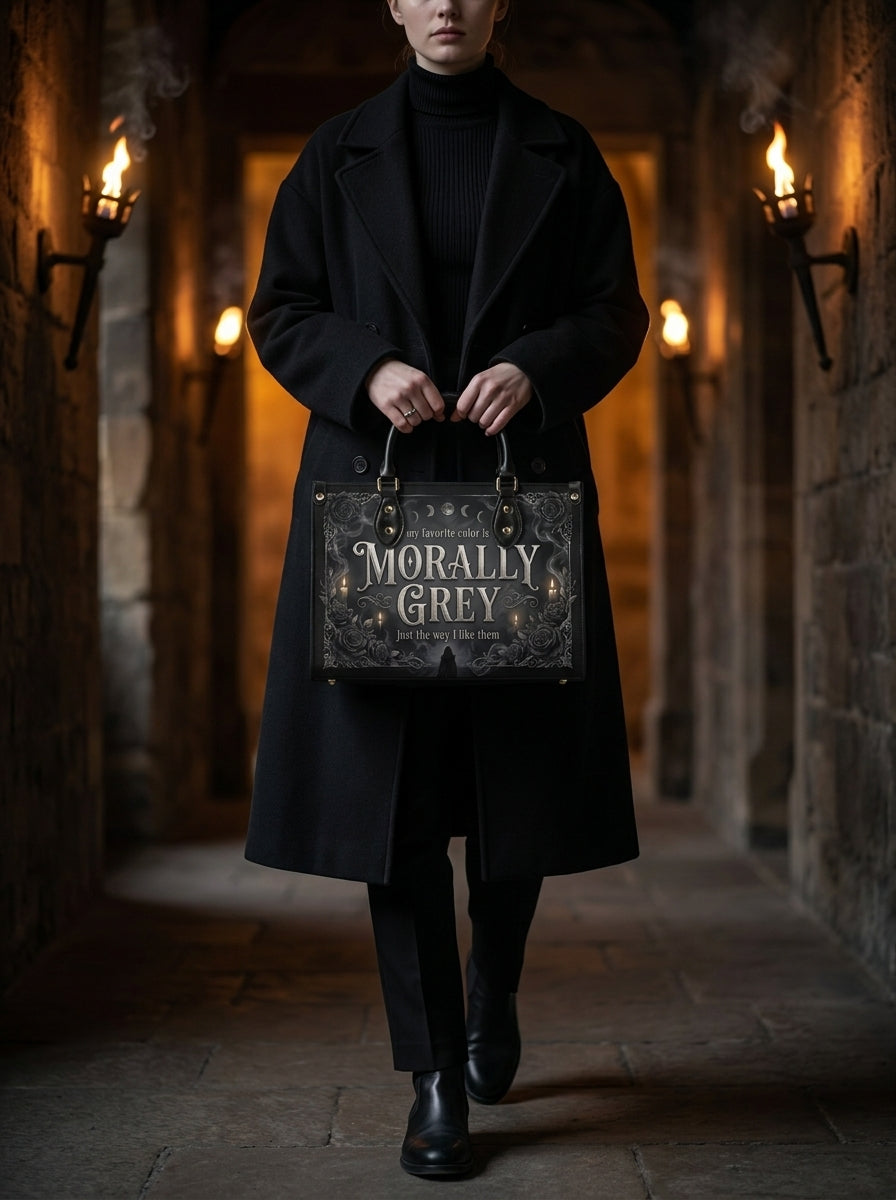 "Loyal To The Wrong Crown" Morally Grey Leather Handbag - 04-inuse-corridor