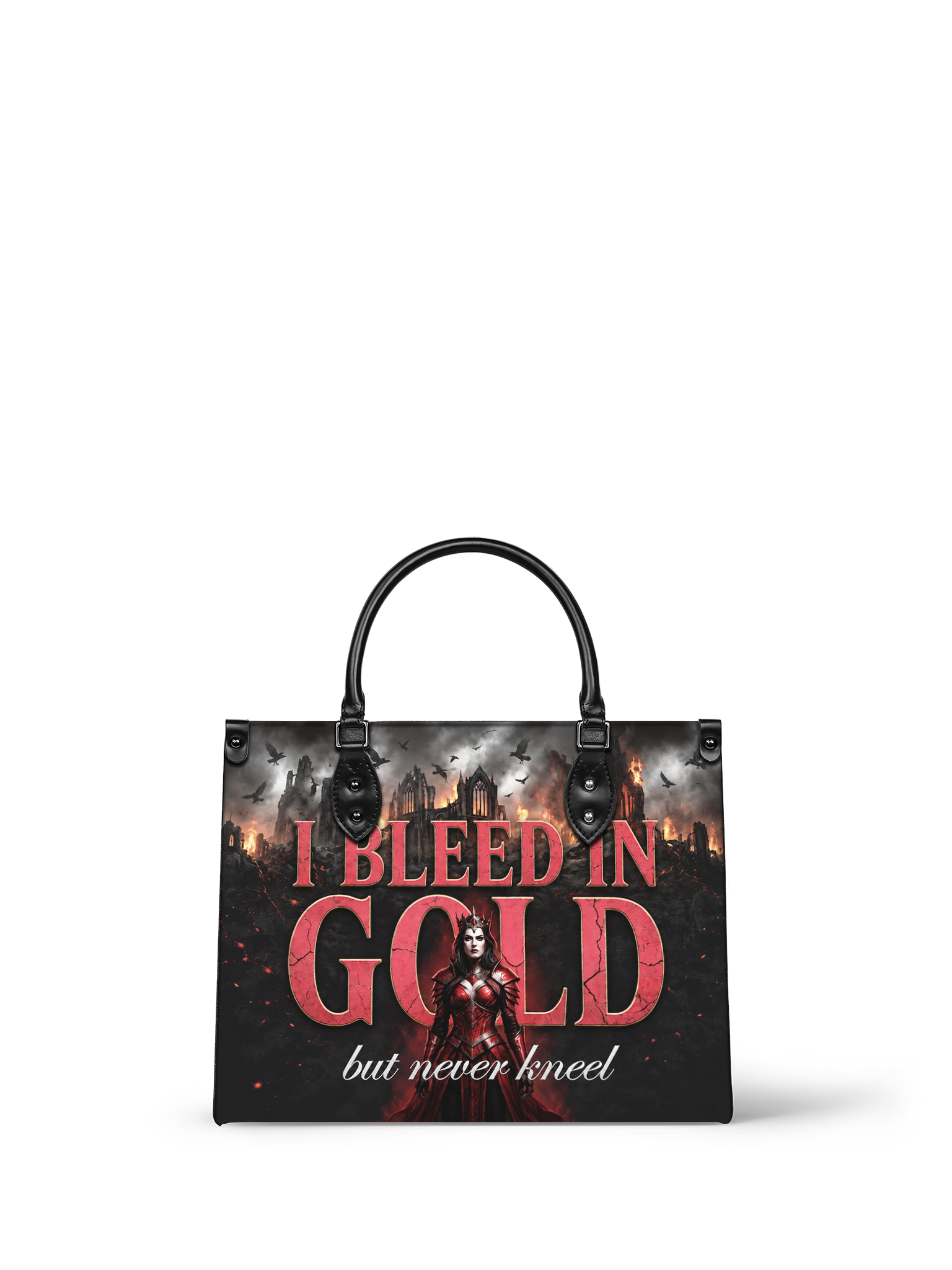 "I Bleed in Gold (But Never Kneel)" Crimson Queen Leather Handbag