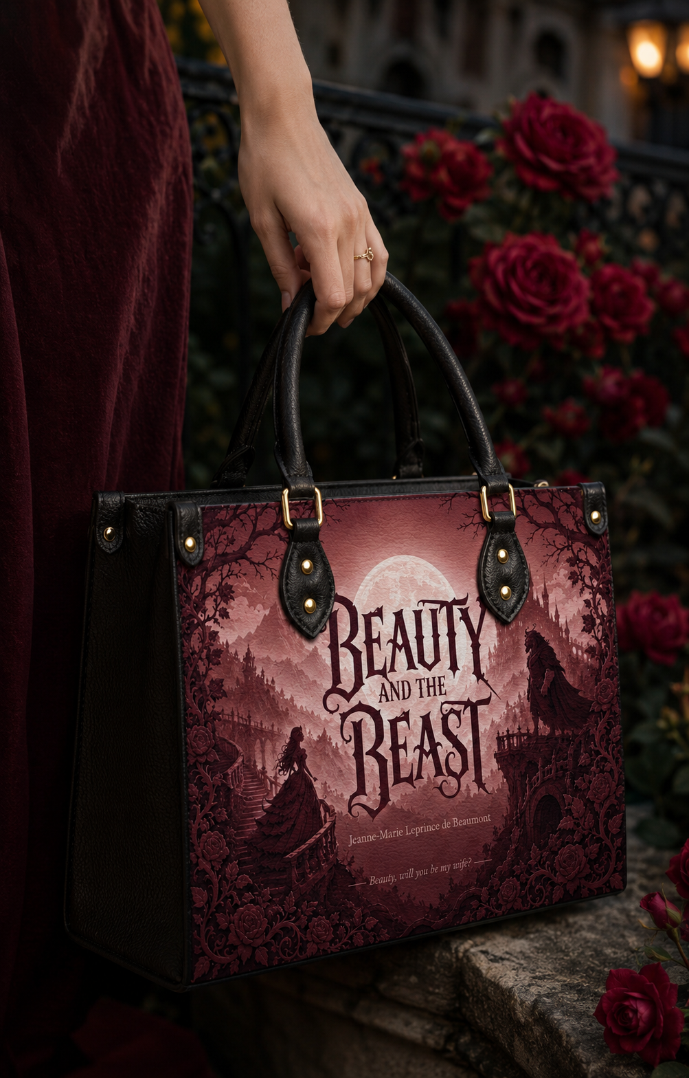 "Beauty and the Beast" Crimson Rose Leather Handbag