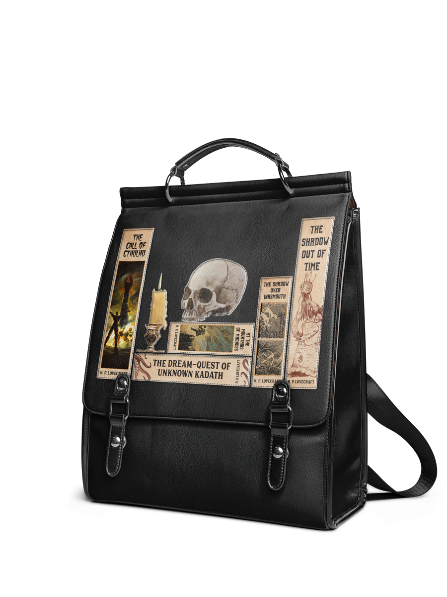 cthulhu inspired leather bags and backpacks Handbag | HP LOVECRAFT Handbag | GOTHIC HANDBAG For those drawn to the mysteries of the void Lovecraftian Black Leather Backpack