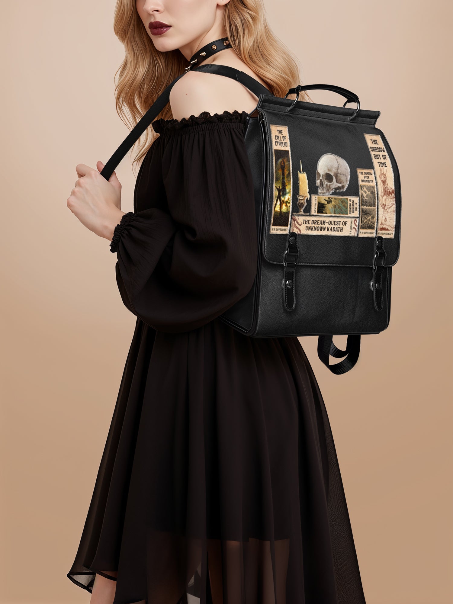 cthulhu inspired leather bags and backpacks Lovecraftian Black Handbag Premium Vegan Leather Featuring a soft Kawaii Cthulhu Ita-bag, Pastel Goth