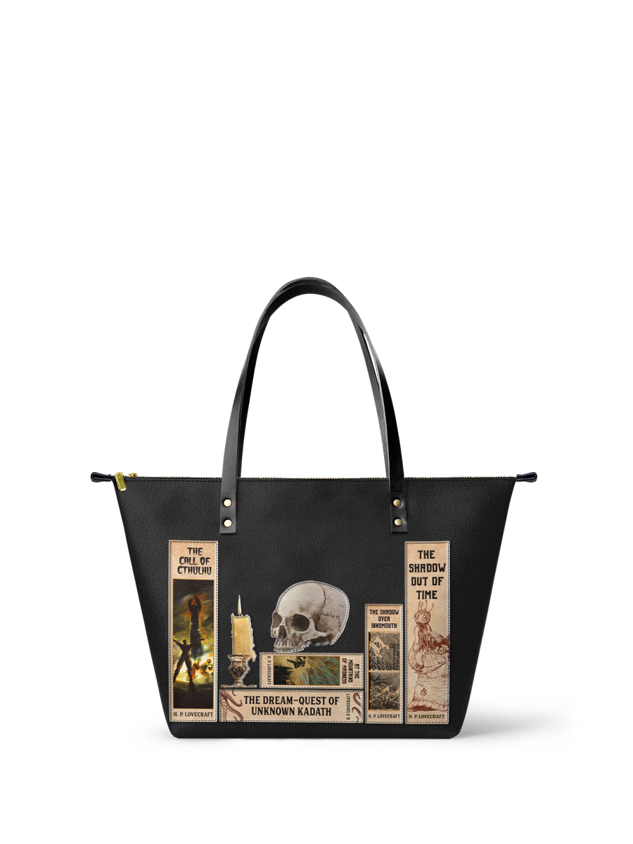 "Lovecraftian" Black Leather Tote Bag