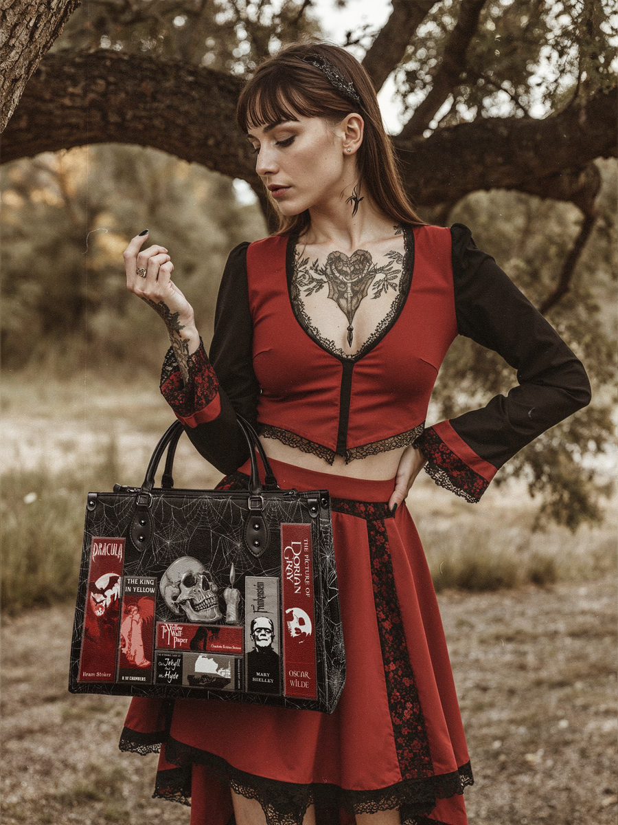 "The Codex of Gothic Tales" Black Widow’s Kiss - Black Interior - Leather Handbag