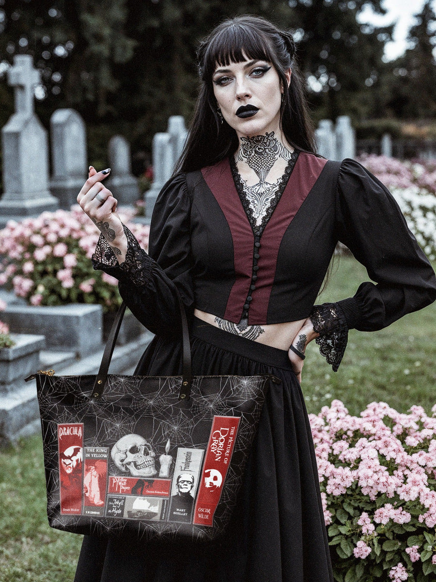 "The Codex of Gothic Tales" Black Widow’s Kiss Leather Tote Bag
