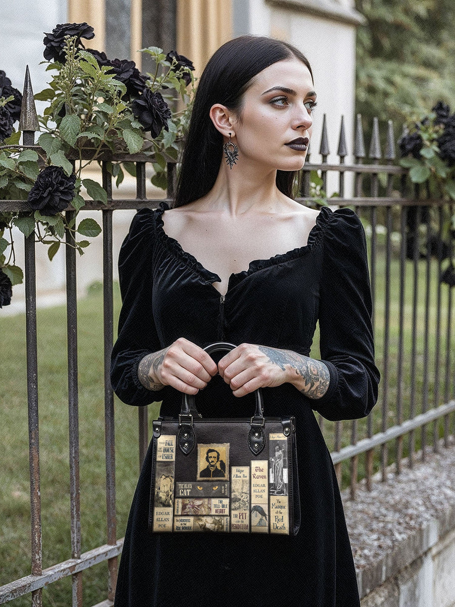 "Poe's Library" Ashen Black - Black Interior - Small Leather Handbag