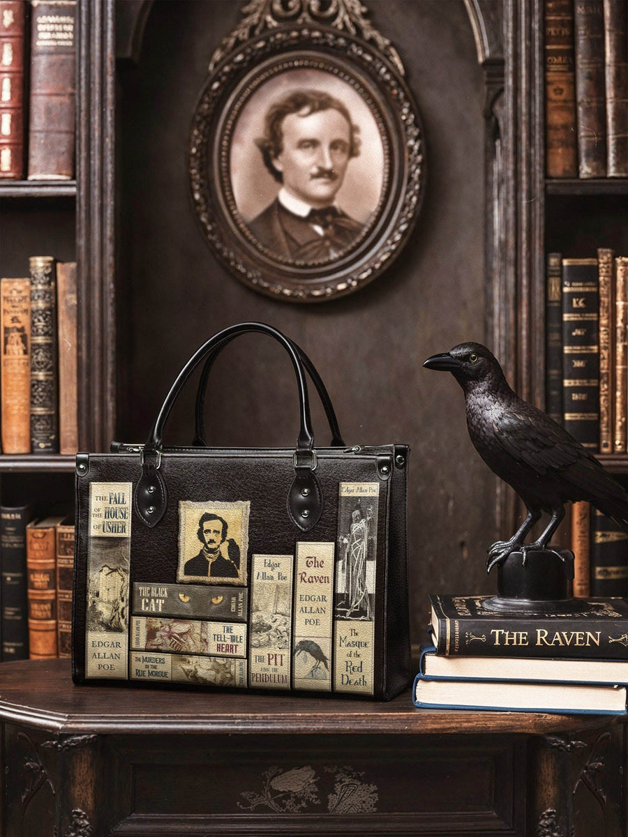 "Poe's Library" Ashen Black - Black Interior - Leather Handbag