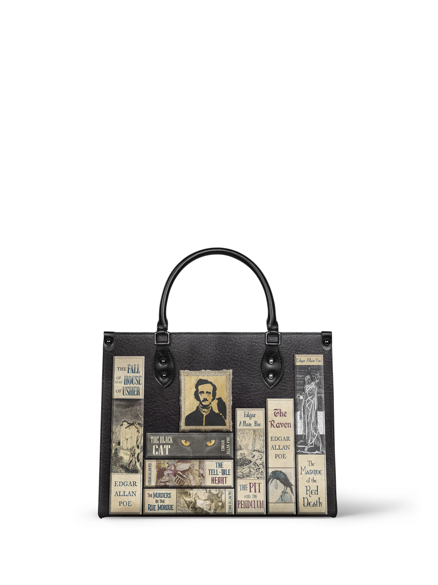 "Poe's Library" Ashen Black - Black Interior - Leather Handbag