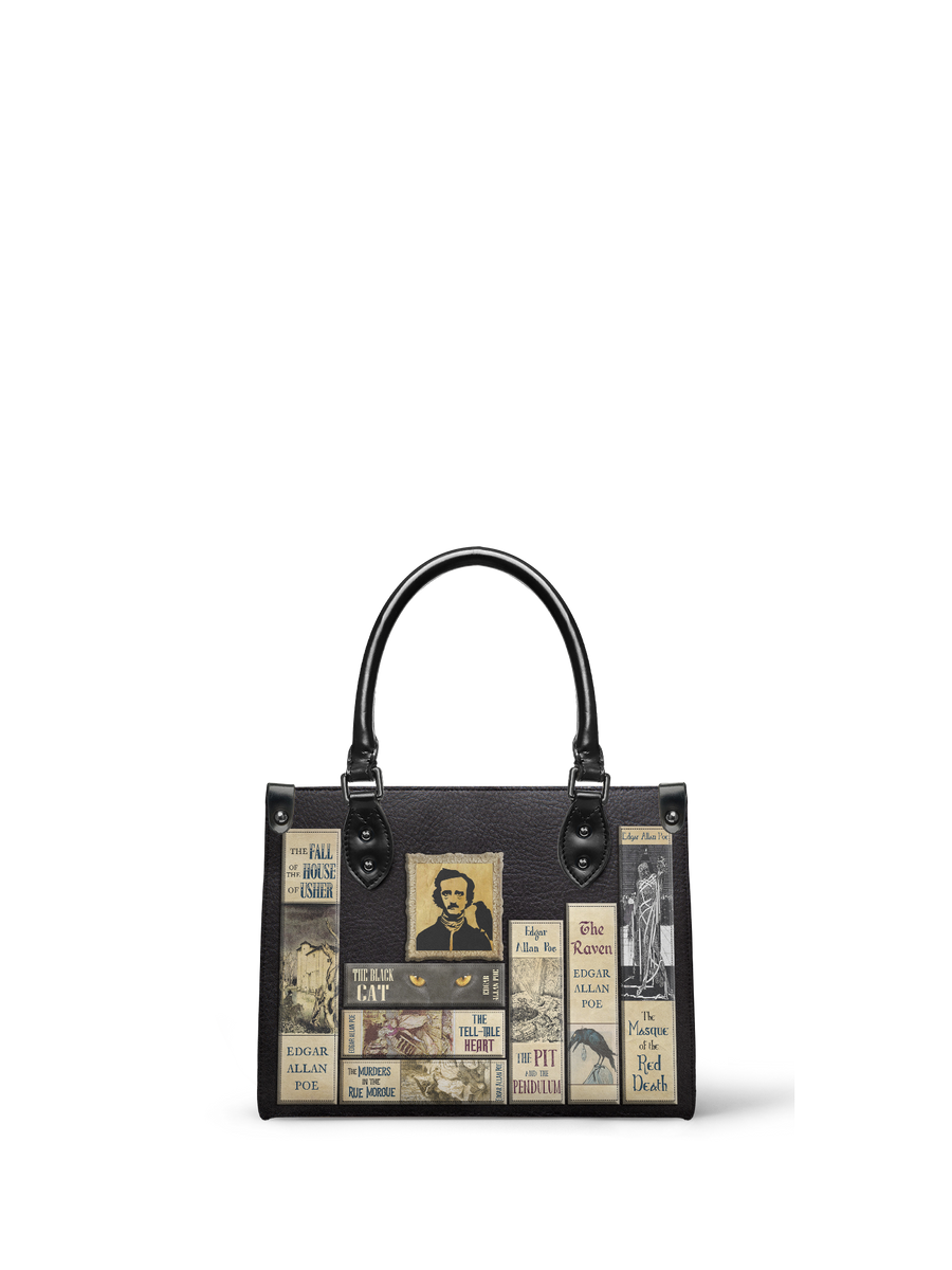 "Poe's Library" Ashen Black - Black Interior - Small Leather Handbag