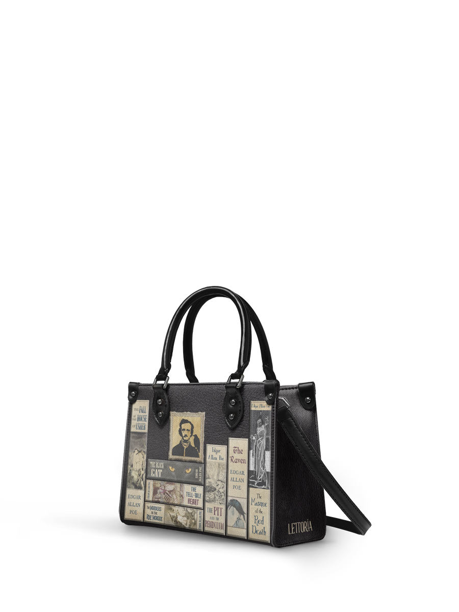 "Poe's Library" Ashen Black - Black Interior - Small Leather Handbag