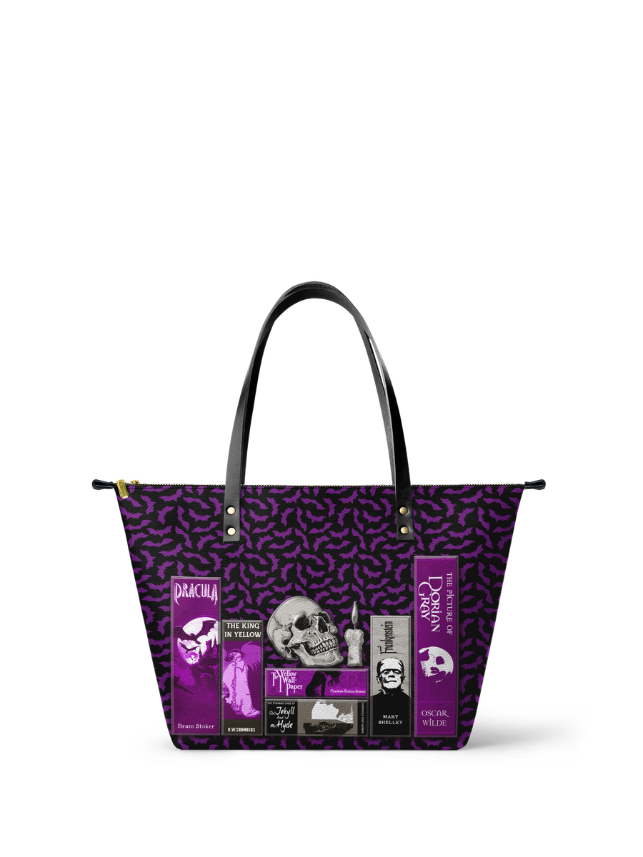 "The Codex of Gothic Tales" Violet Echo Leather Tote Bag