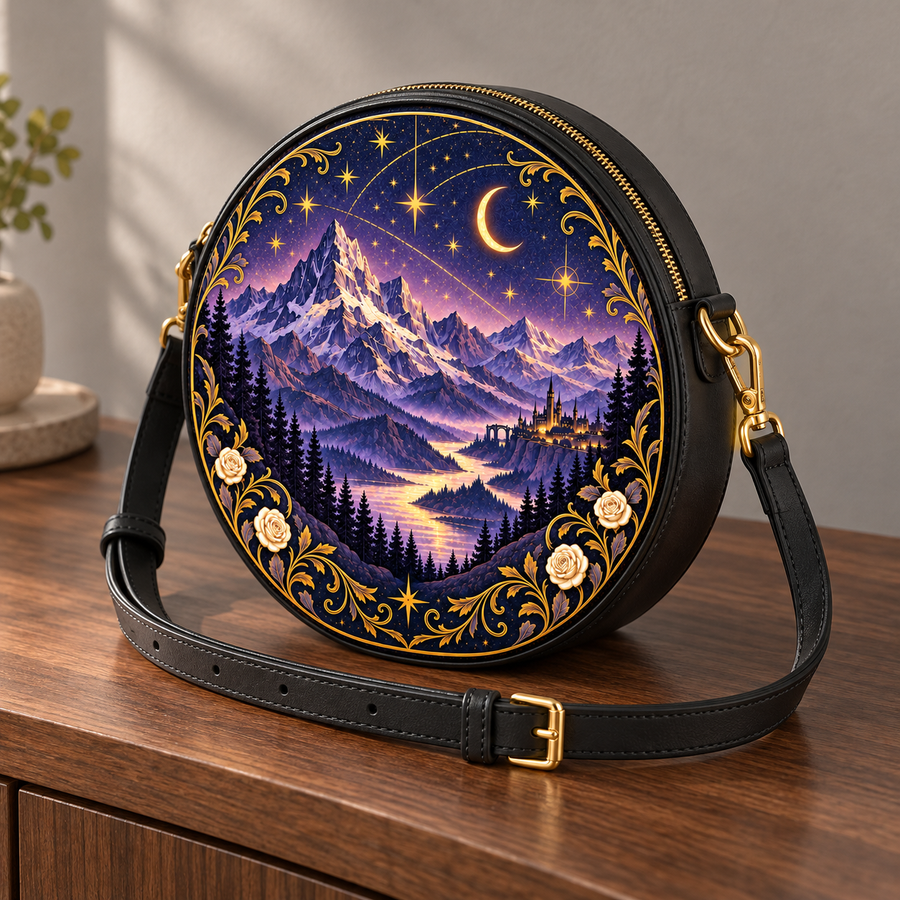 "Amethyst Peaks" Moonlit Valley Circle Crossbody Bag