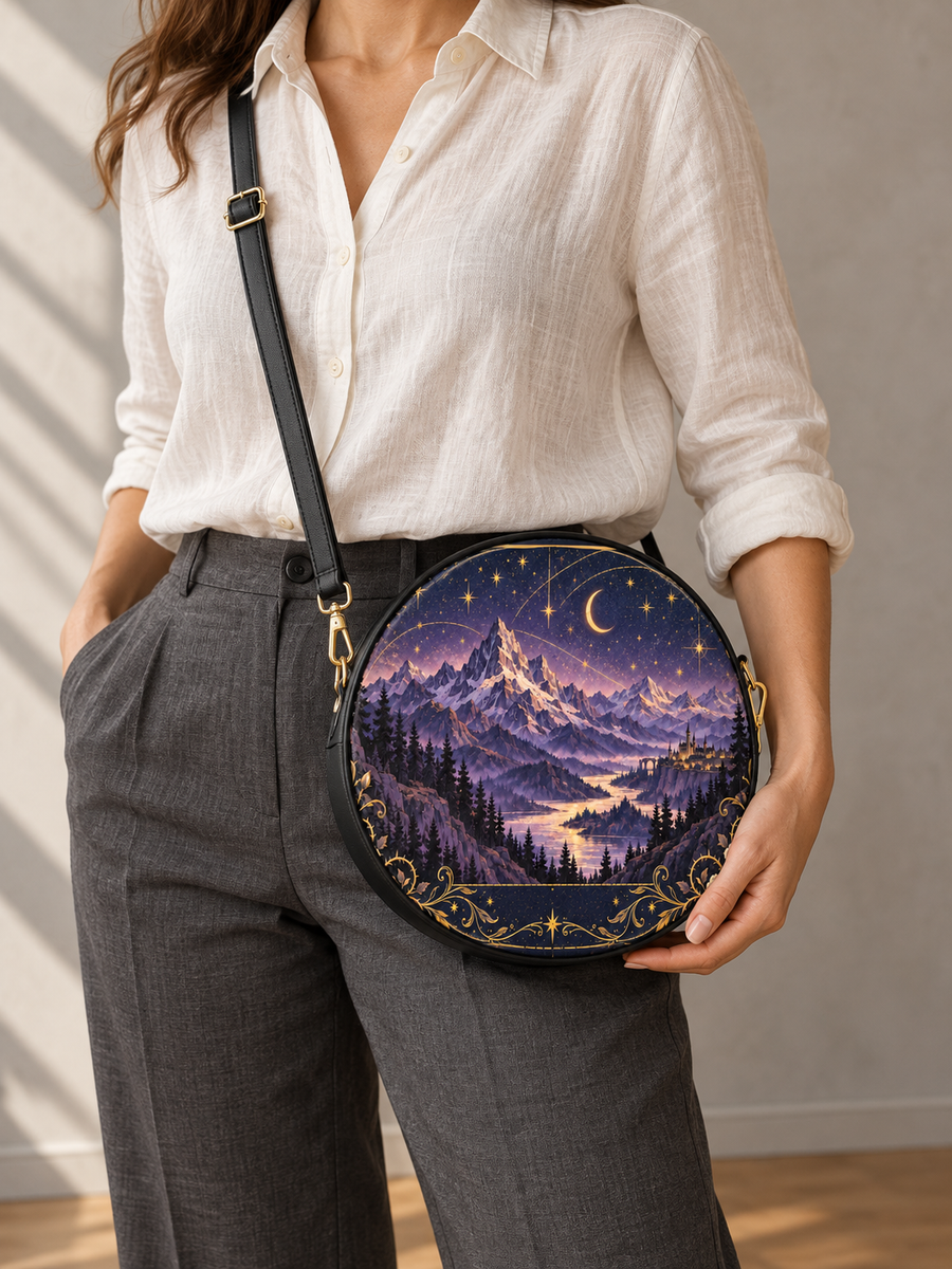 "Amethyst Peaks" Moonlit Valley Circle Crossbody Bag