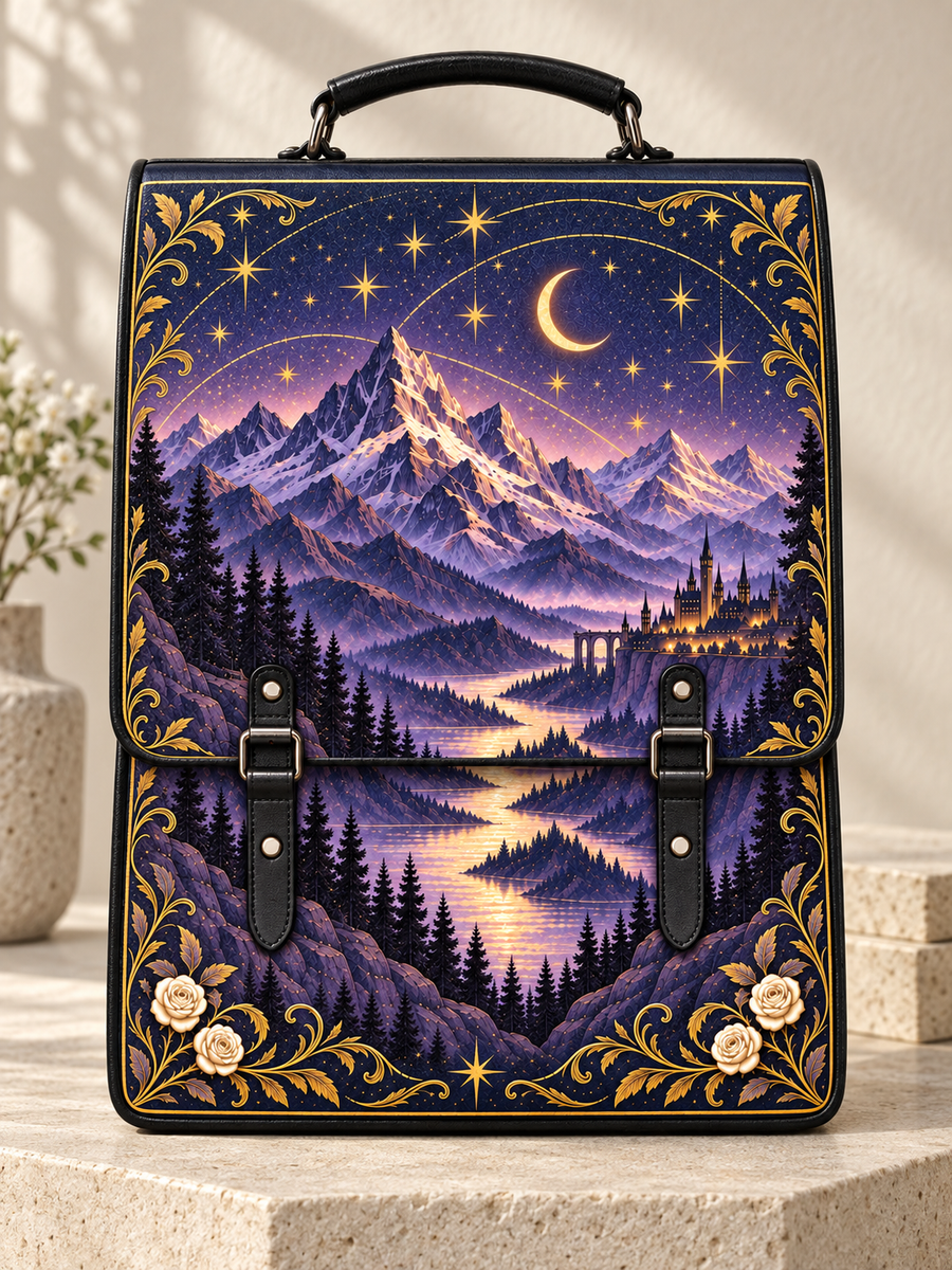 "Amethyst Peaks" Moonlit Valley Leather Backpack
