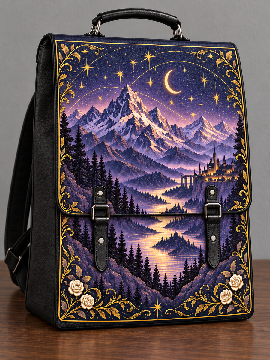 "Amethyst Peaks" Moonlit Valley Leather Backpack