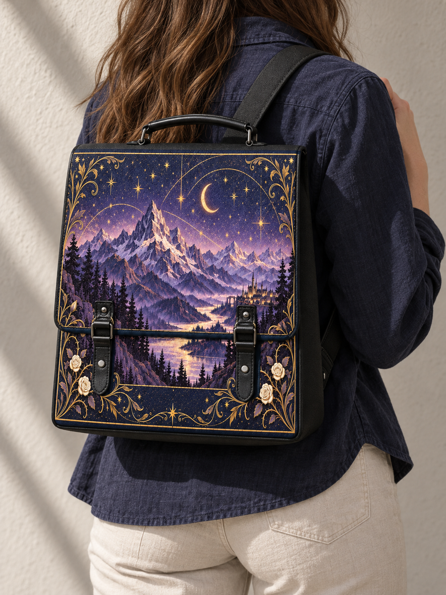 "Amethyst Peaks" Moonlit Valley Leather Backpack