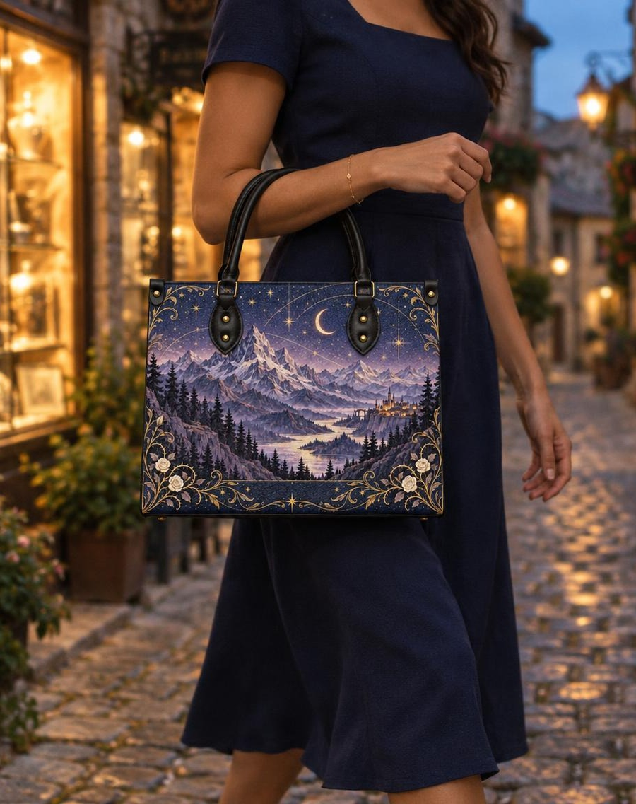 "Amethyst Peaks" Moonlit Valley Leather Handbag