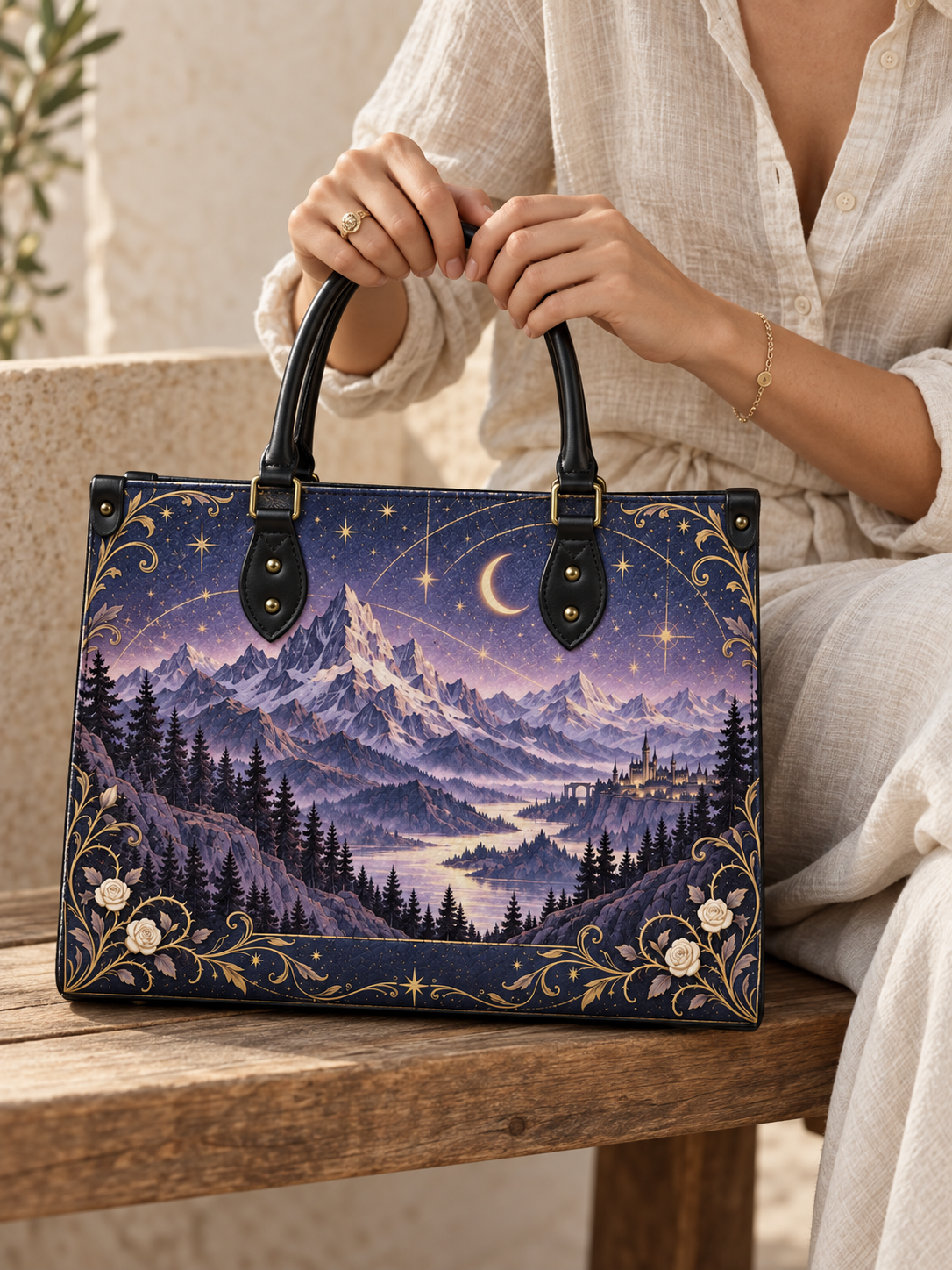 "Amethyst Peaks" Moonlit Valley Leather Handbag