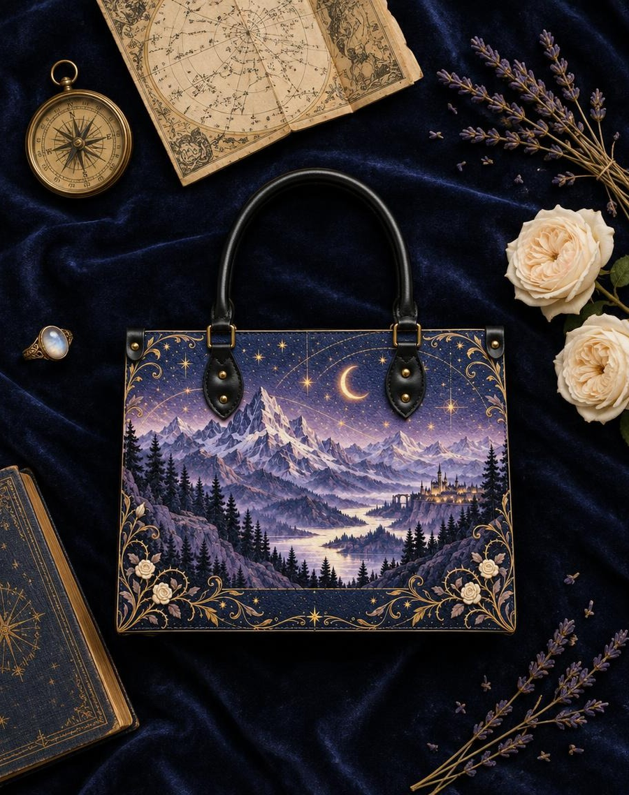 "Amethyst Peaks" Moonlit Valley Leather Handbag