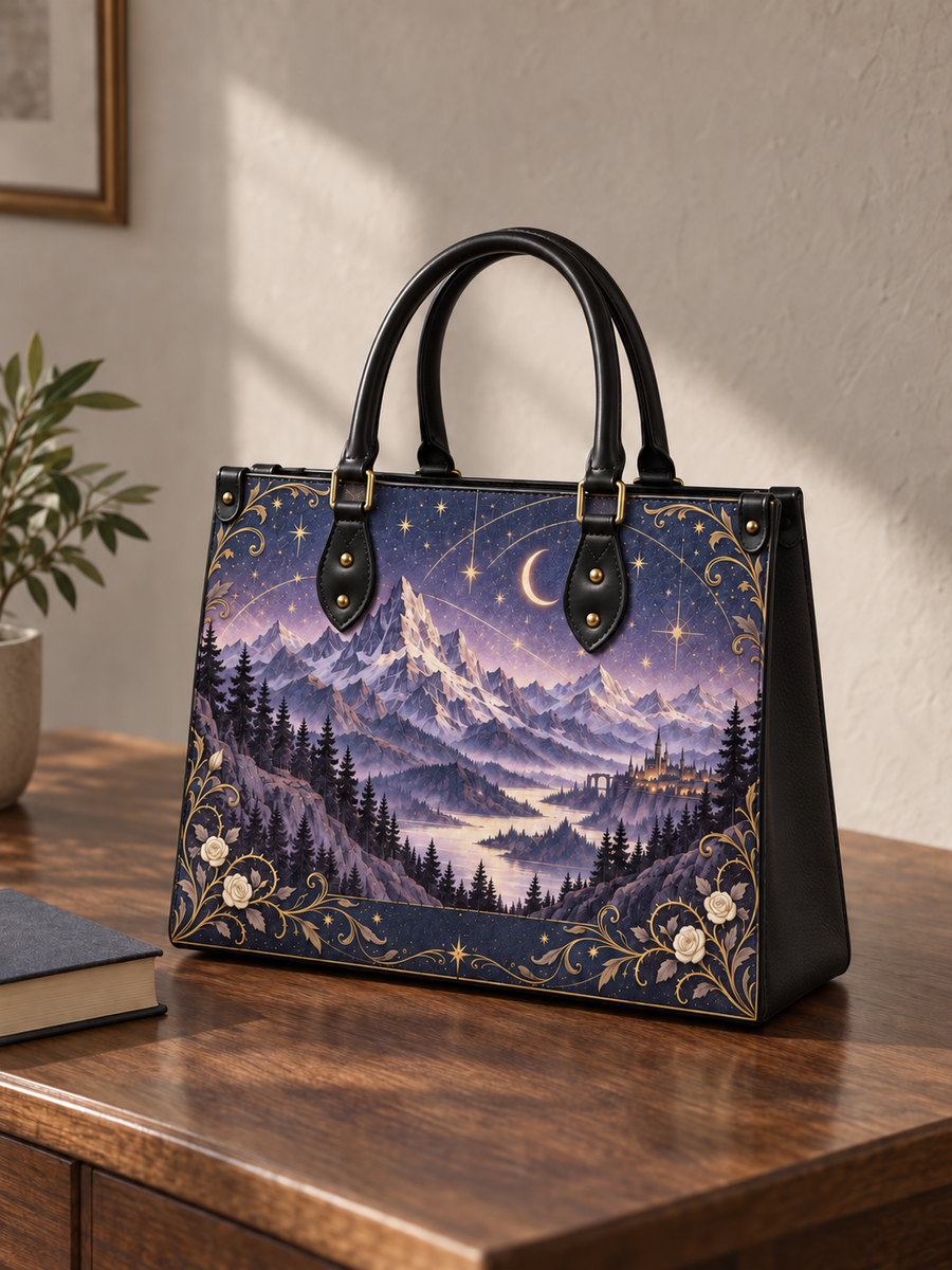 "Amethyst Peaks" Moonlit Valley Leather Handbag