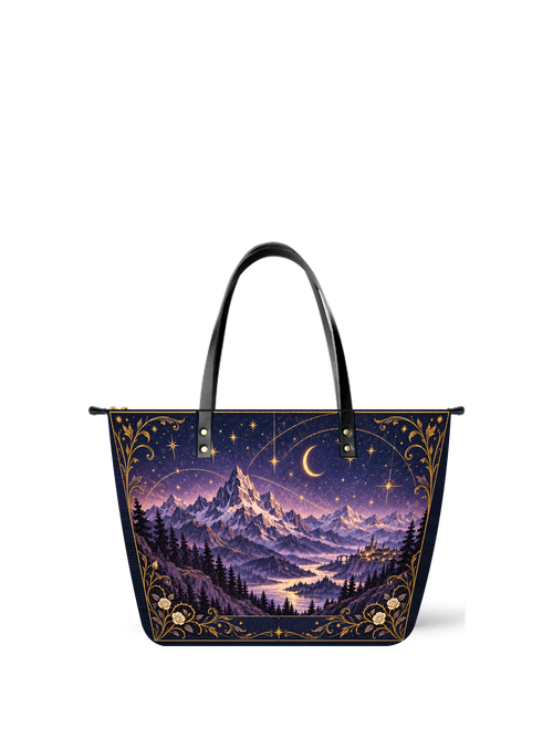"Amethyst Peaks" Moonlit Valley Leather Tote Bag