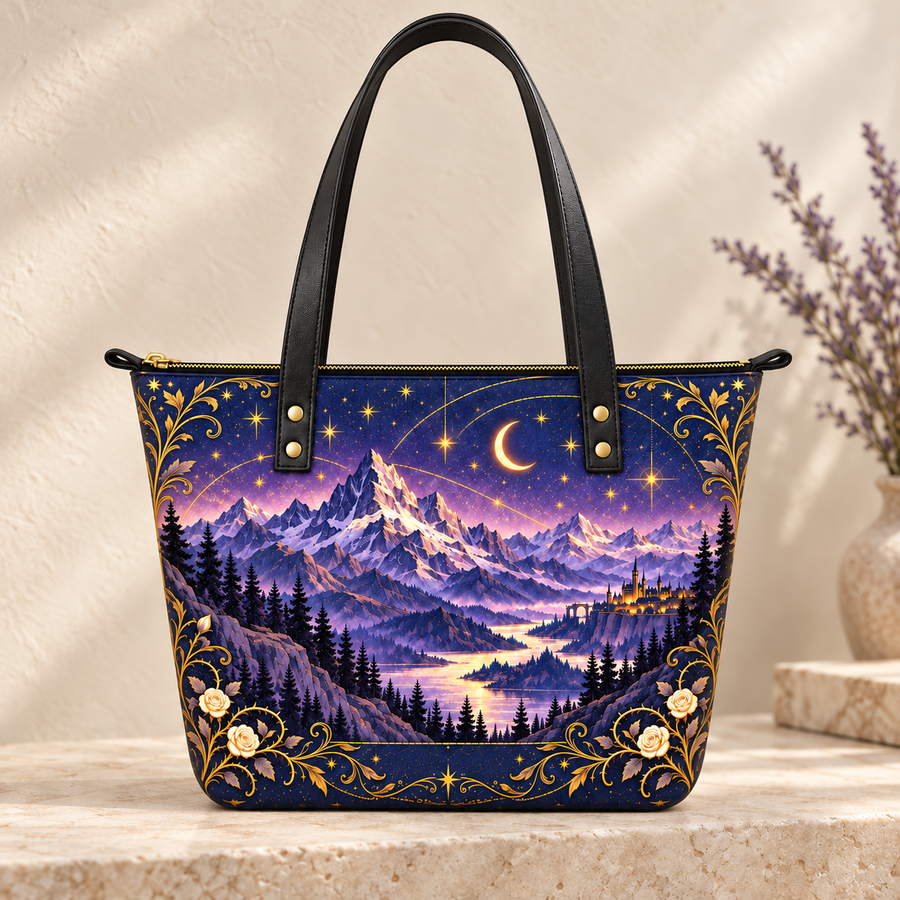 "Amethyst Peaks" Moonlit Valley Leather Tote Bag