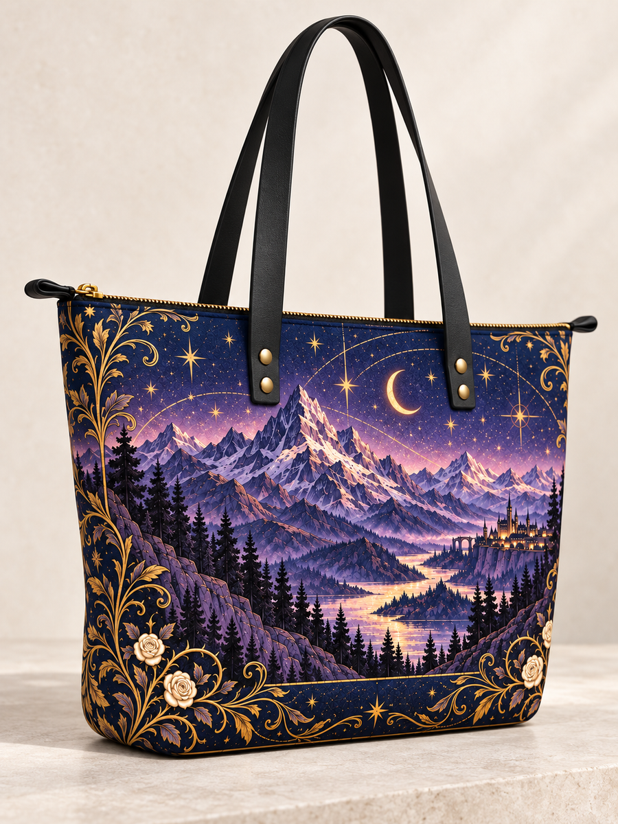 "Amethyst Peaks" Moonlit Valley Leather Tote Bag