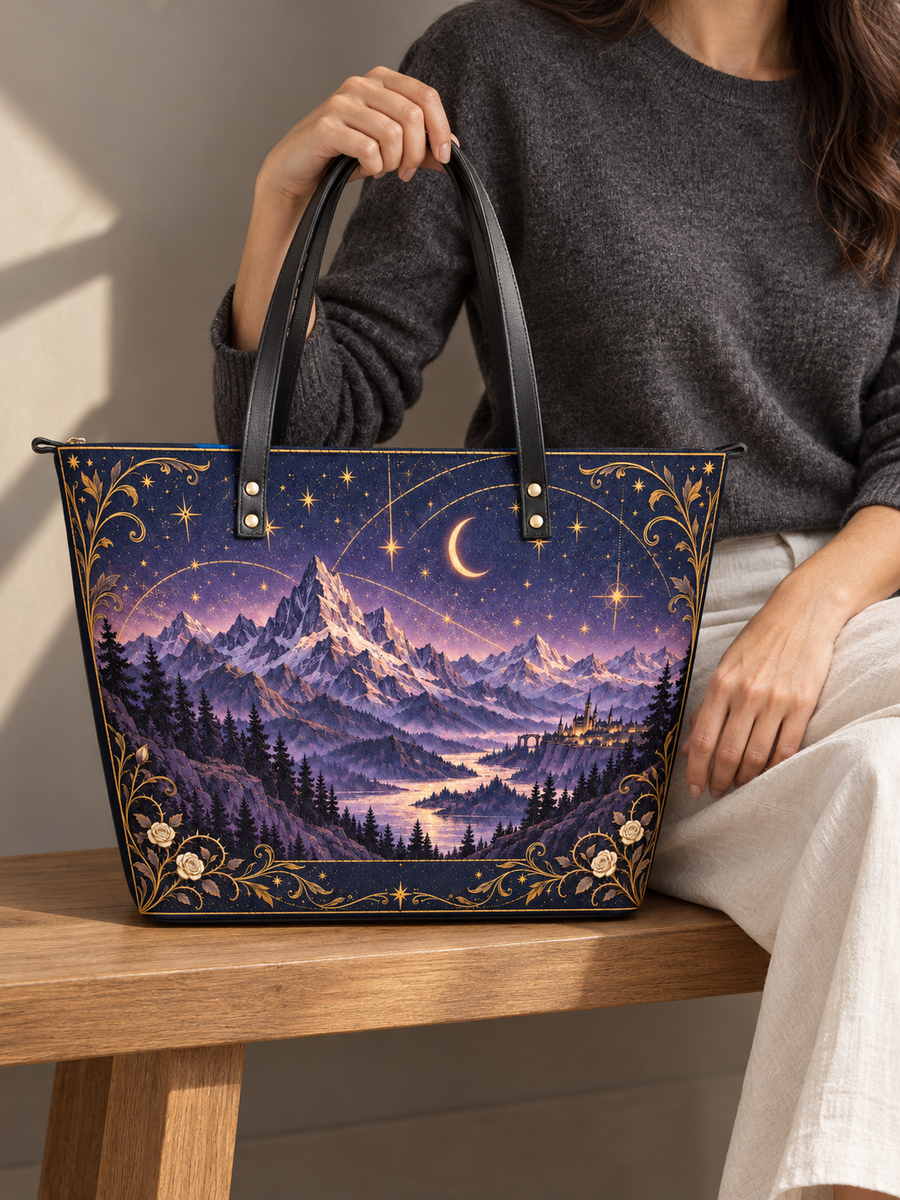 "Amethyst Peaks" Moonlit Valley Leather Tote Bag