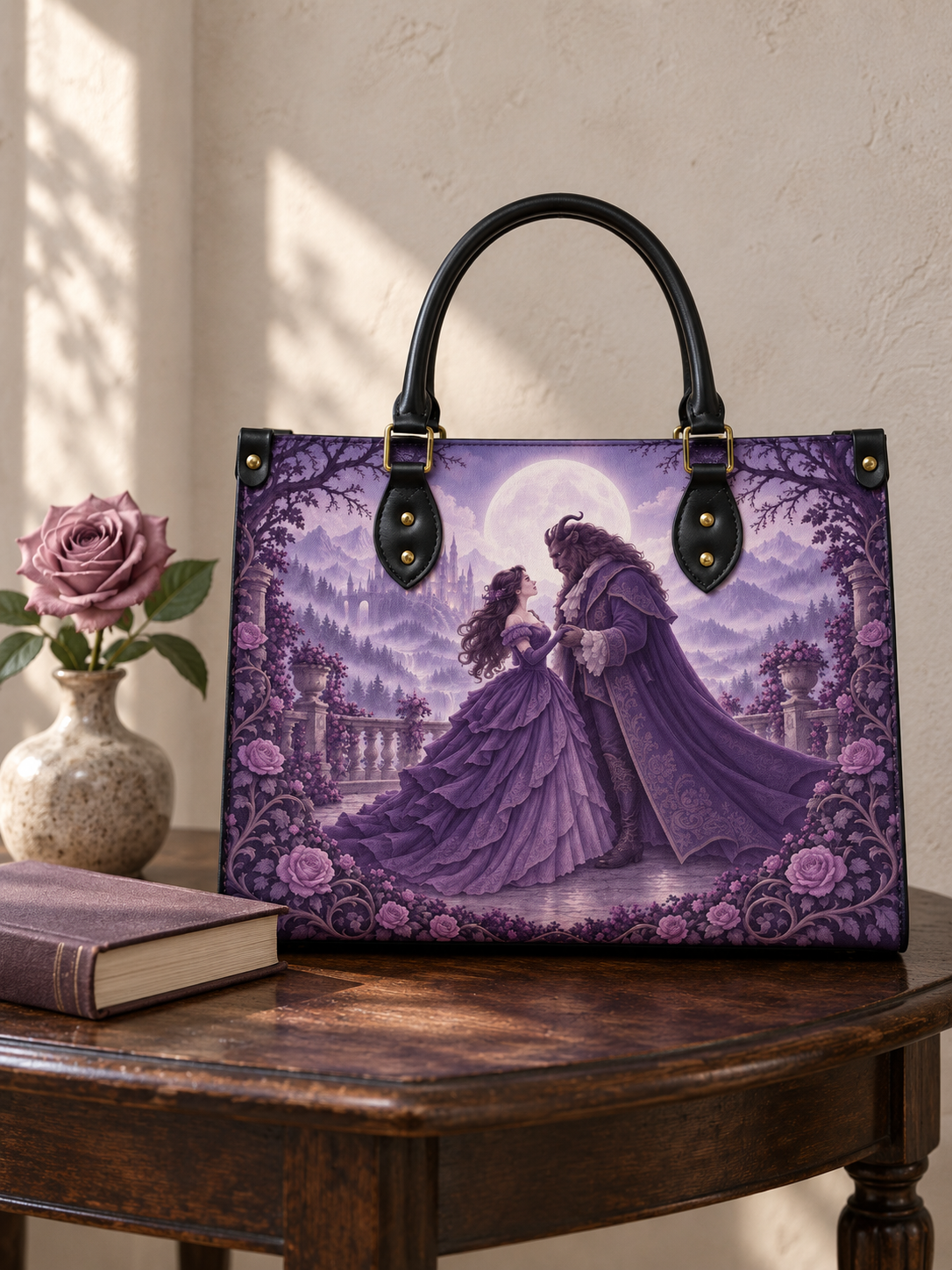 "Beauty and the Beast" Moonlit Rose Art Edition Leather Handbag