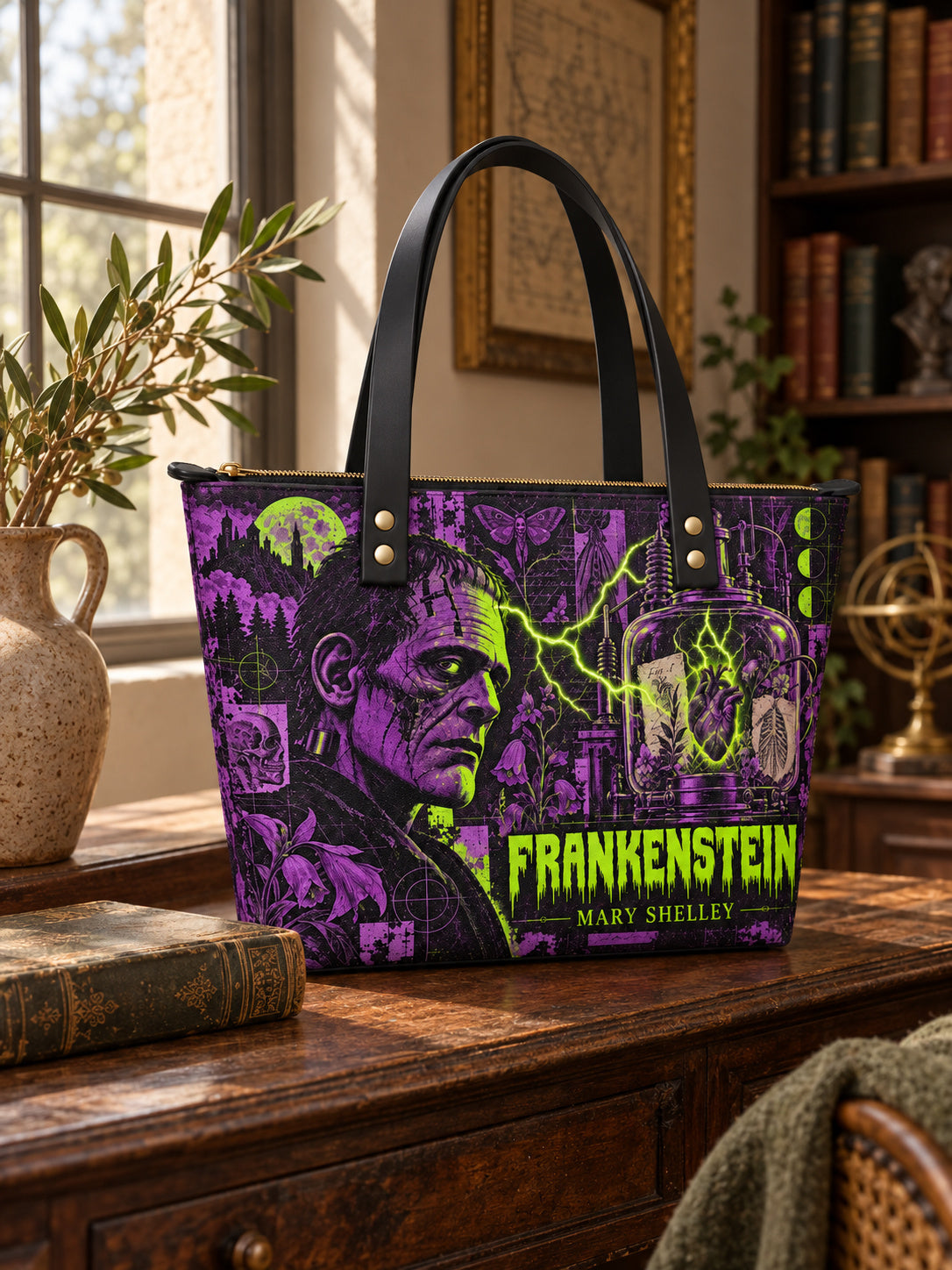 "Frankenstein" Lablight Violet Leather Tote Bag