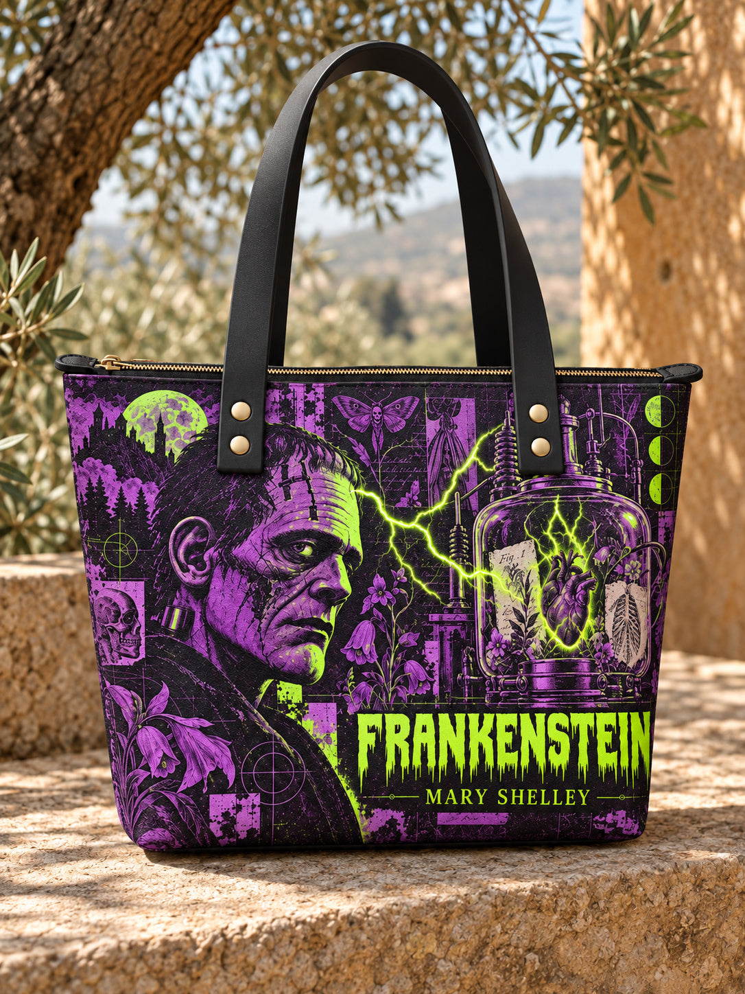 "Frankenstein" Lablight Violet Leather Tote Bag