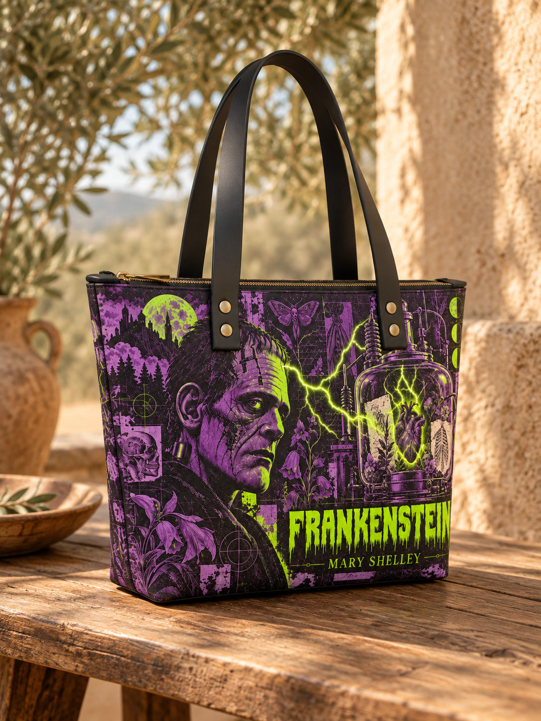 "Frankenstein" Lablight Violet Leather Tote Bag