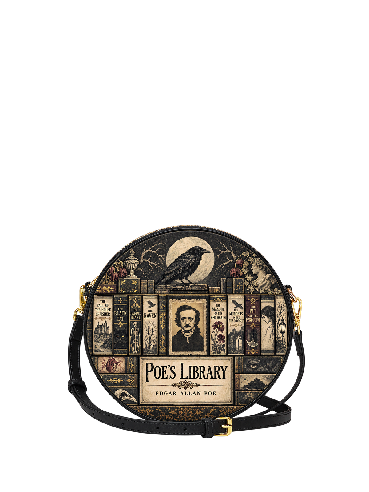 "Poe's Library" Ashen Black Circle Crossbody Bag