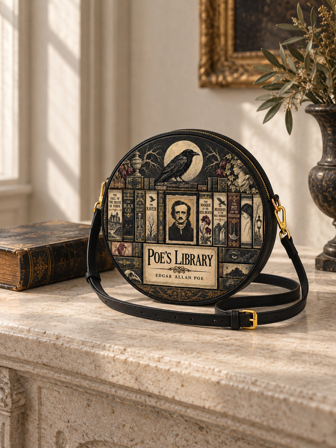 "Poe's Library" Ashen Black Circle Crossbody Bag