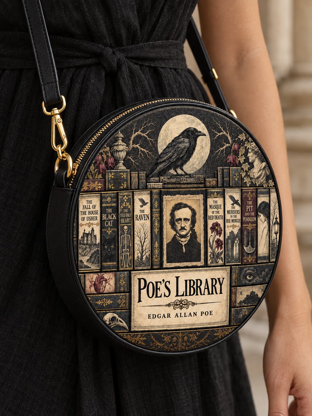 "Poe's Library" Ashen Black Circle Crossbody Bag