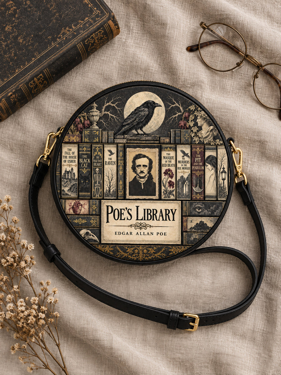 "Poe's Library" Ashen Black Circle Crossbody Bag