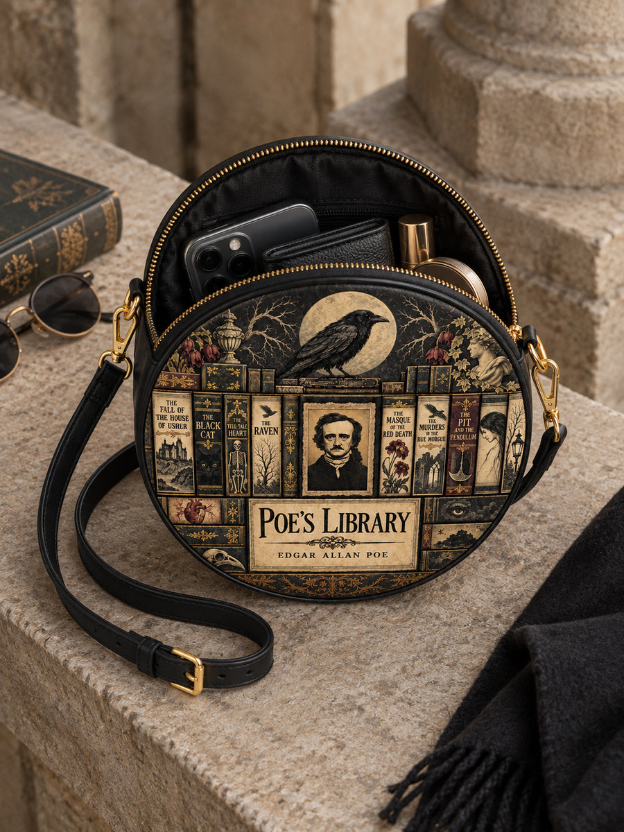 "Poe's Library" Ashen Black Circle Crossbody Bag