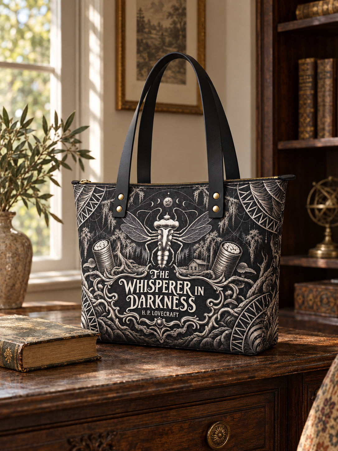 "The Whisperer In Darkness" Leather Tote Bag