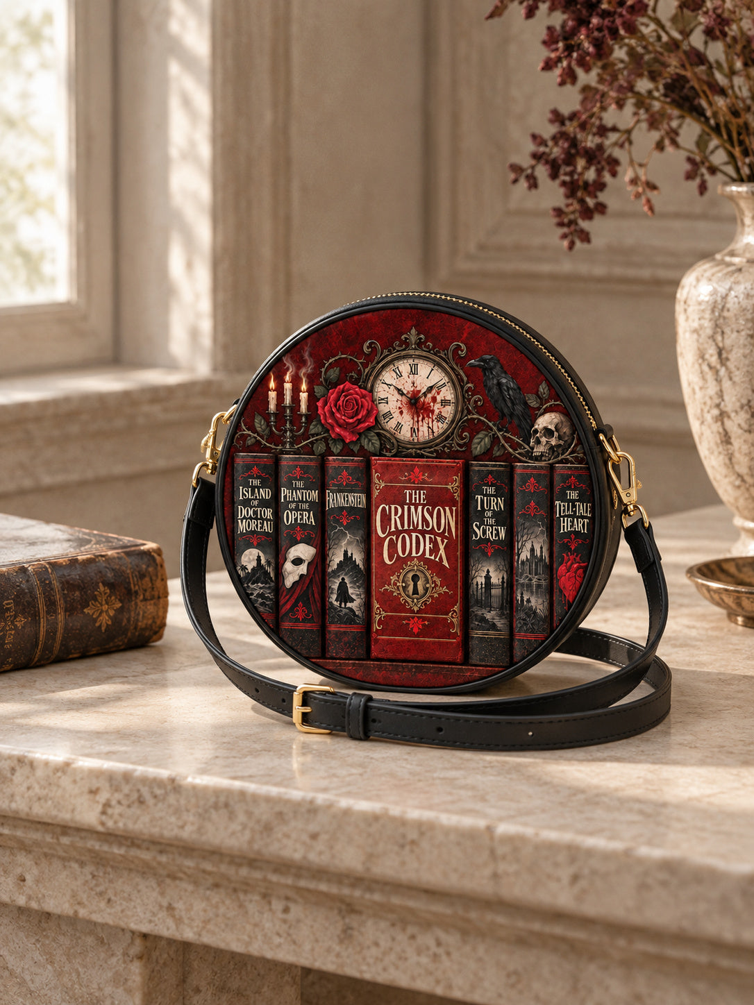 "The Crimson Codex" Circle Crossbody Bag