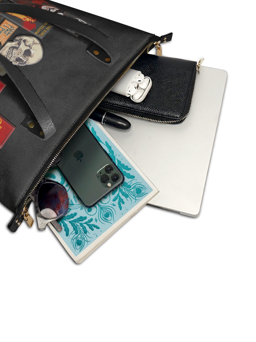 "The Codex of Gothic Tales" Deadlight Black Leather Tote Bag