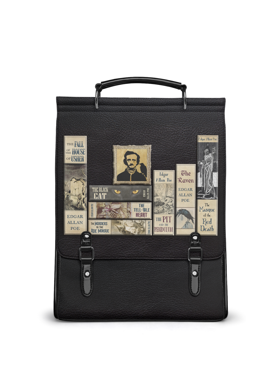 "Poe's Library" Ashen Black Leather Backpack