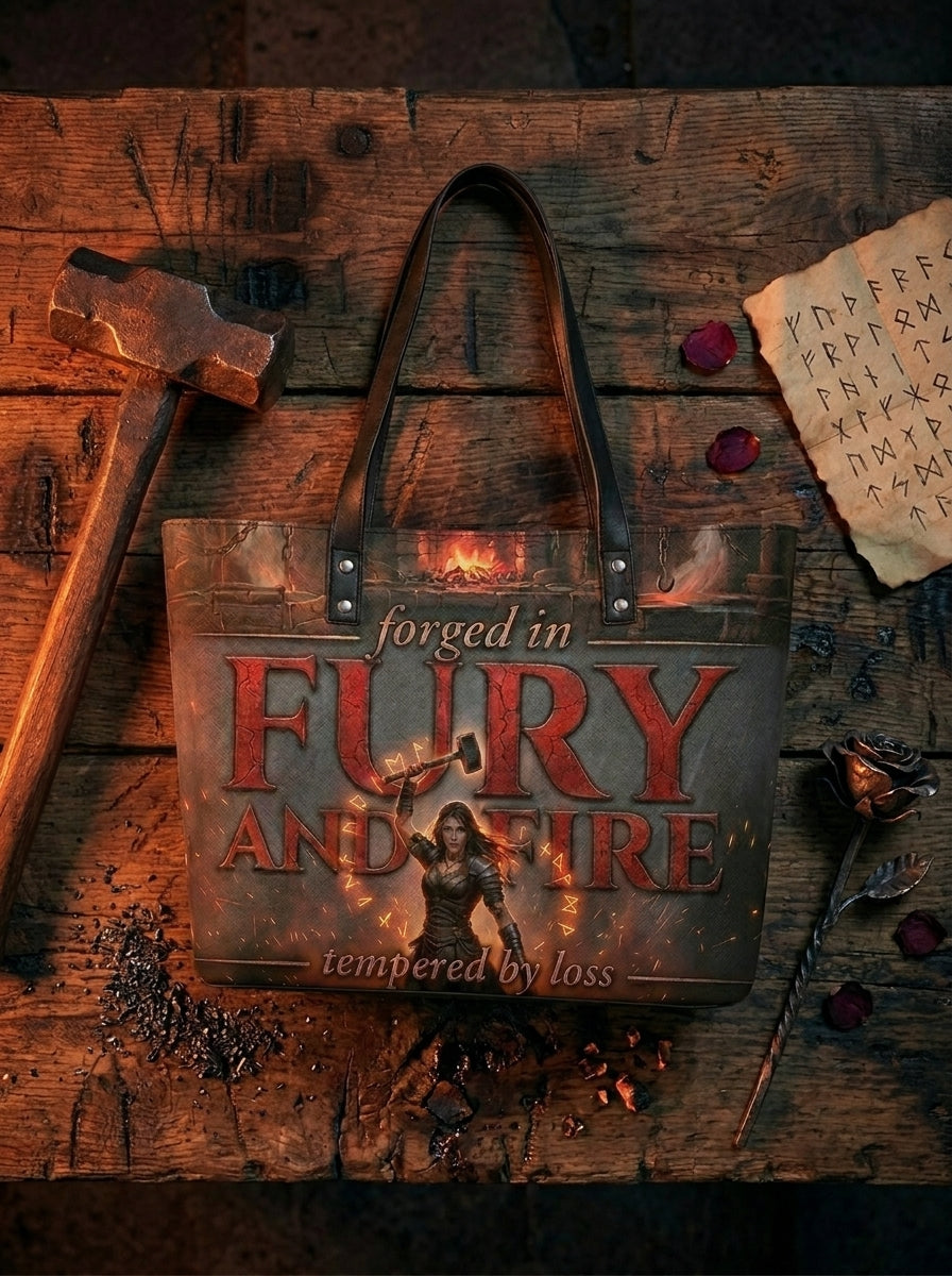 "Forged in Fury and Fire" Blacksmith Warrior Leather Tote Bag