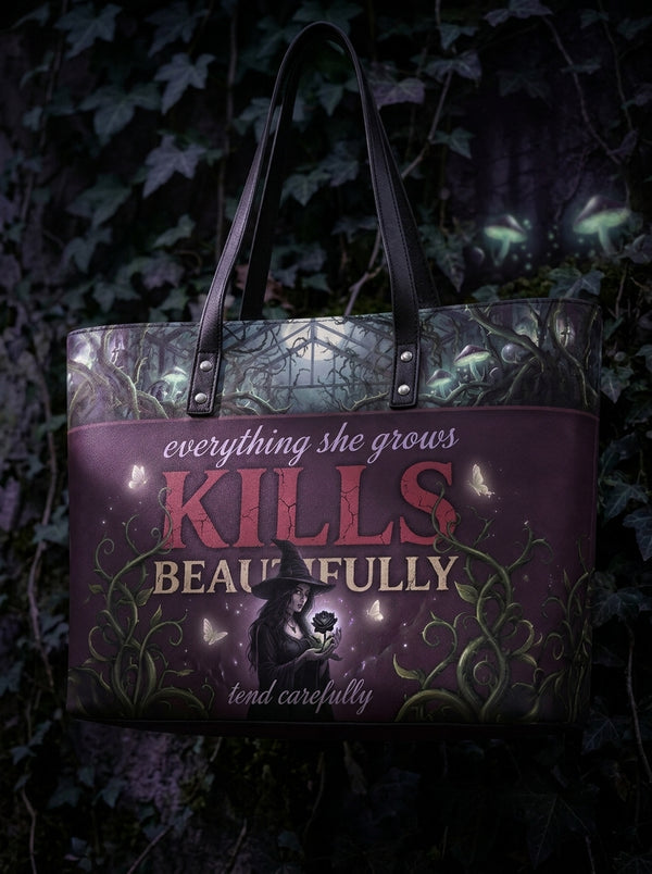 "Kills Beautifully" Witch Garden Leather Tote Bag