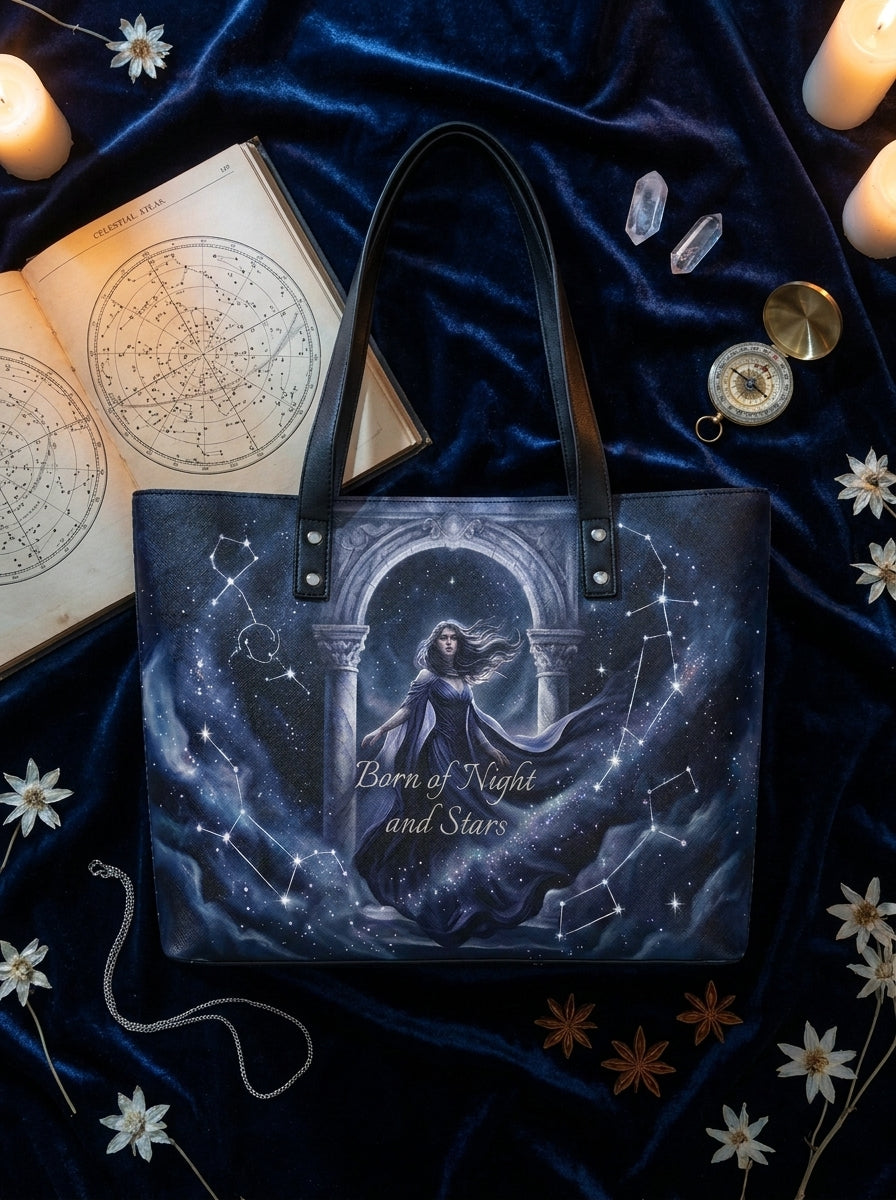 "Born of Night and Stars" Celestial Leather Tote Bag