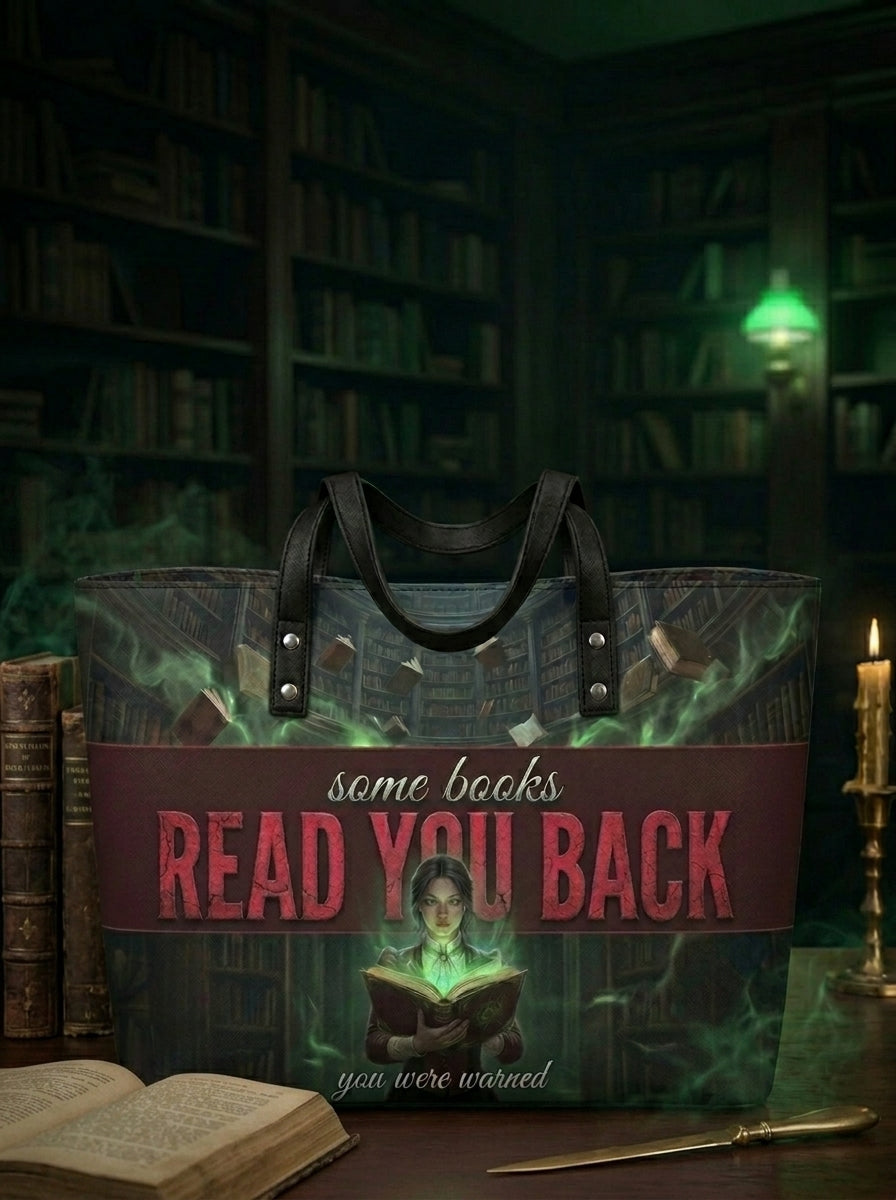 "Some Books Read You Back" Forbidden Library Leather Tote Bag