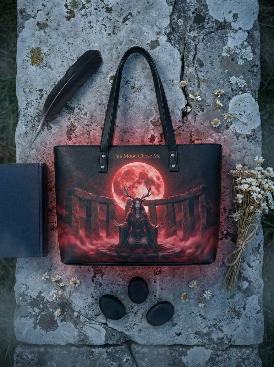 "The Moon Chose Me" Blood Moon Druid Leather Tote Bag