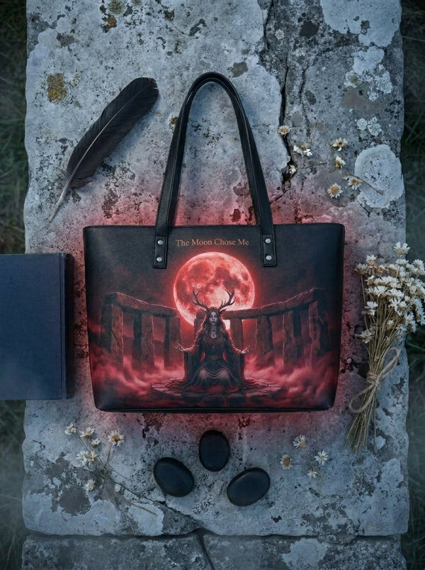 "The Moon Chose Me" Blood Moon Druid Leather Tote Bag