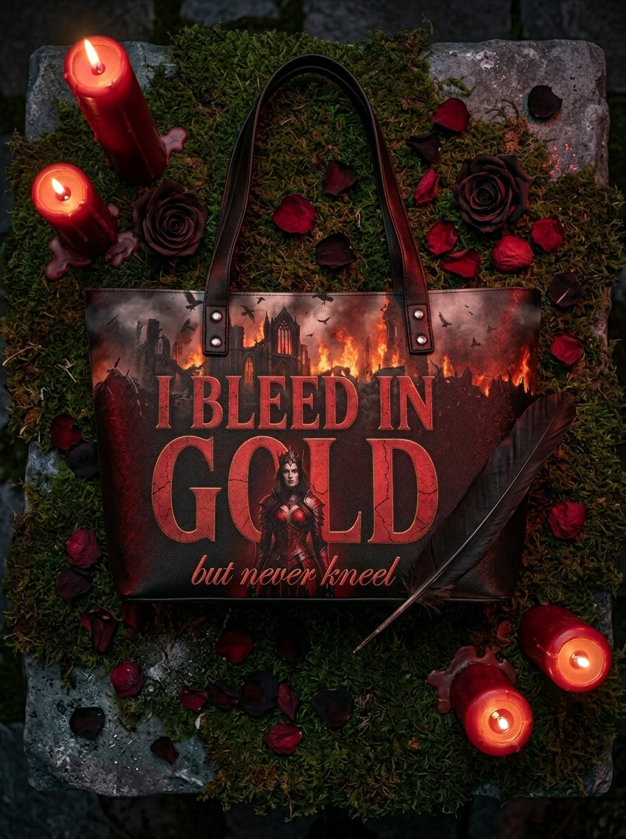 "I Bleed in Gold (But Never Kneel)" Crimson Queen Leather Tote Bag