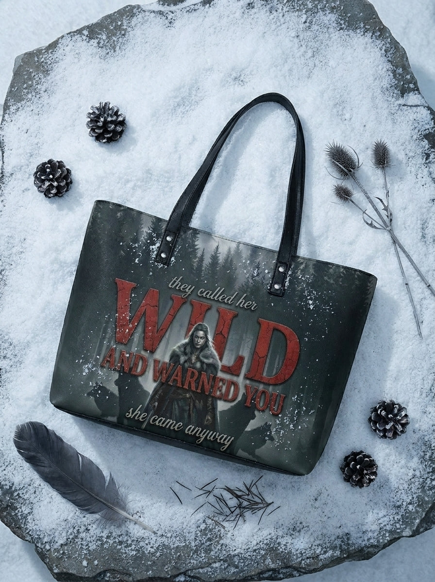 "Wild and Warned You" Winter Wolf Leather Tote Bag