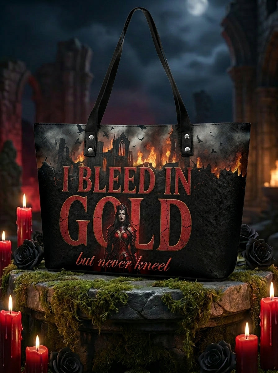 "I Bleed in Gold (But Never Kneel)" Crimson Queen Leather Tote Bag